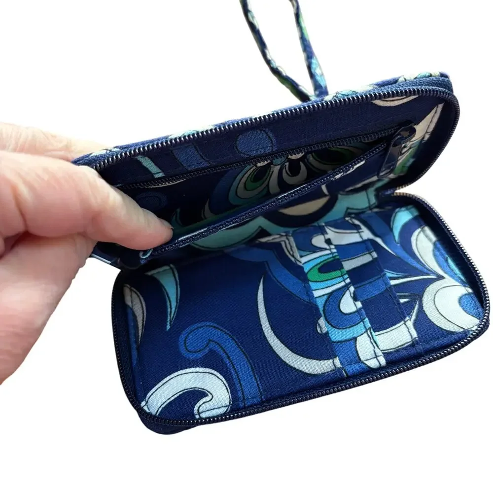 Vera Bradley quilted cotton wristlet wallet navy blue green small zip around - Picture 2 of 8